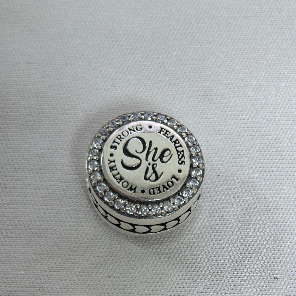 Pandora She is LOVED WOKTHY STRONG FEARIESS Charm, S925 Silver Jewelry